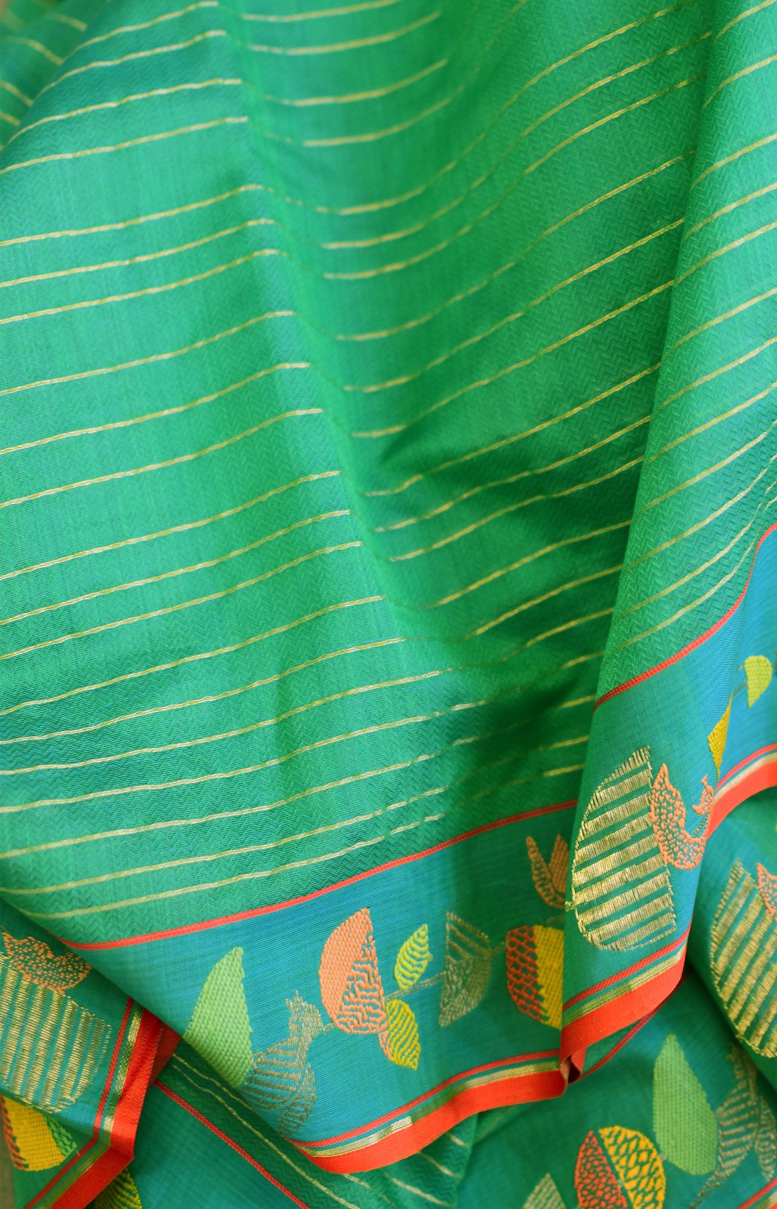 Green, Handwoven Organic Cotton, Textured Weave , Jacquard, Festive Wear, Jari Saree